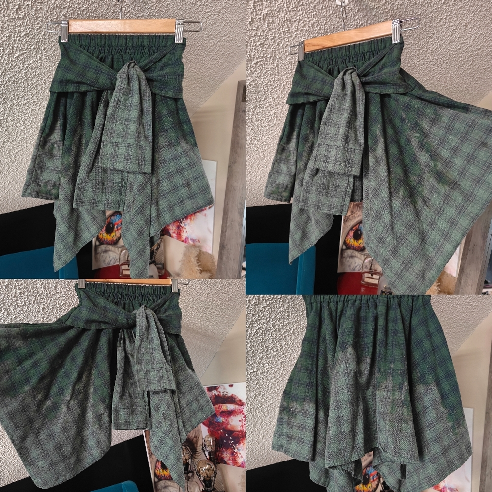 3for20🤍 Unique Up-cycled Grunge Bleach-dip Fairy Baddie plaid mini Skirt xxs/xs